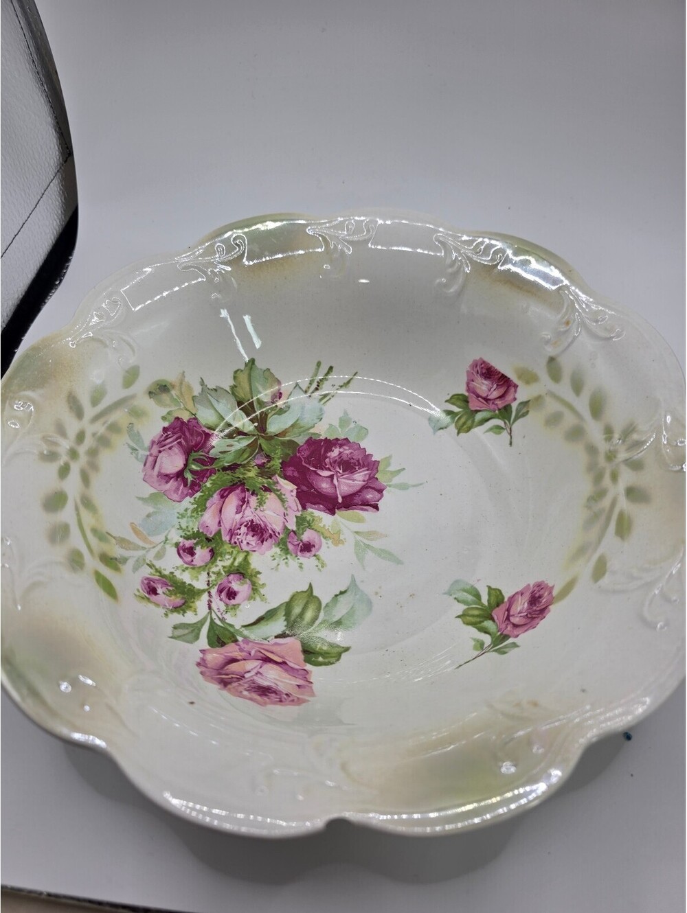 Antique Floral Wash Basin Bowl & Pitcher Set Purple Roses Shabby Cottage Decor